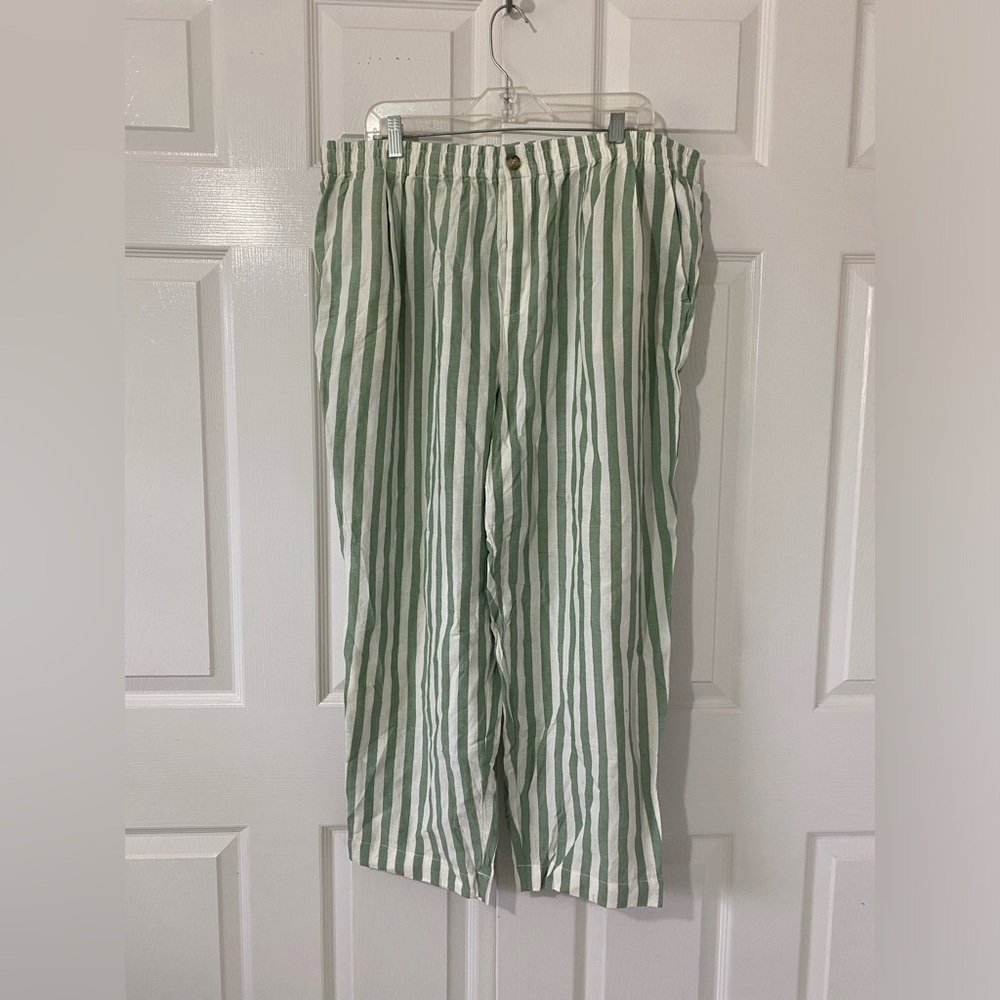 Madewell Cotton-Linen Green and White Striped Pull on Trousers